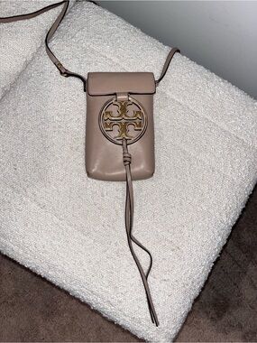 Tory Burch Taupe Leather Miller Phone Crossbody with Logo Medallion